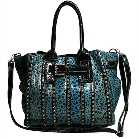 Ritz Enterprises Ritz Enterprises MS105-TQ-Leopard Womens Belted Leopard Print Fashion Tote Bag Striped With Rhinestones; Turquoise MS105-TQ/Leopard